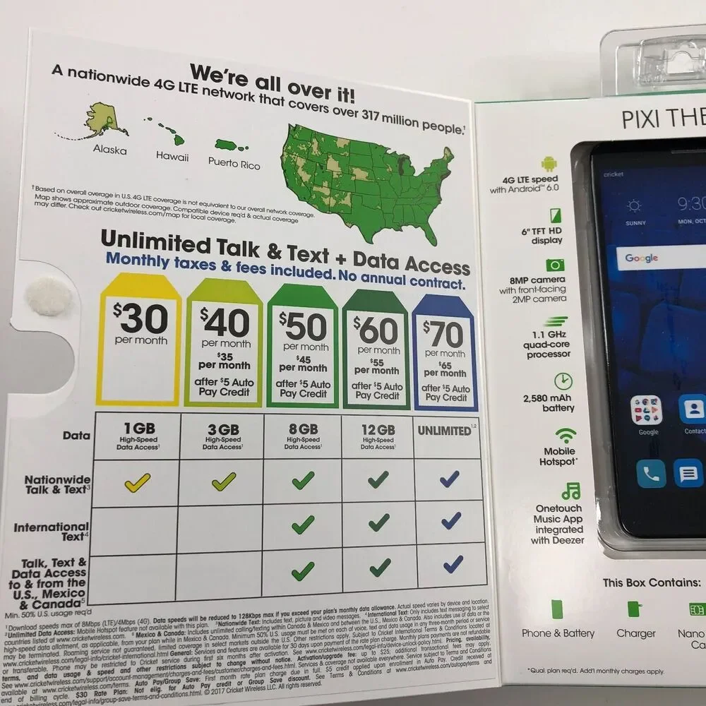 Alcatel Pixi Theatre Black Cricket Slim Smartphone Unopened